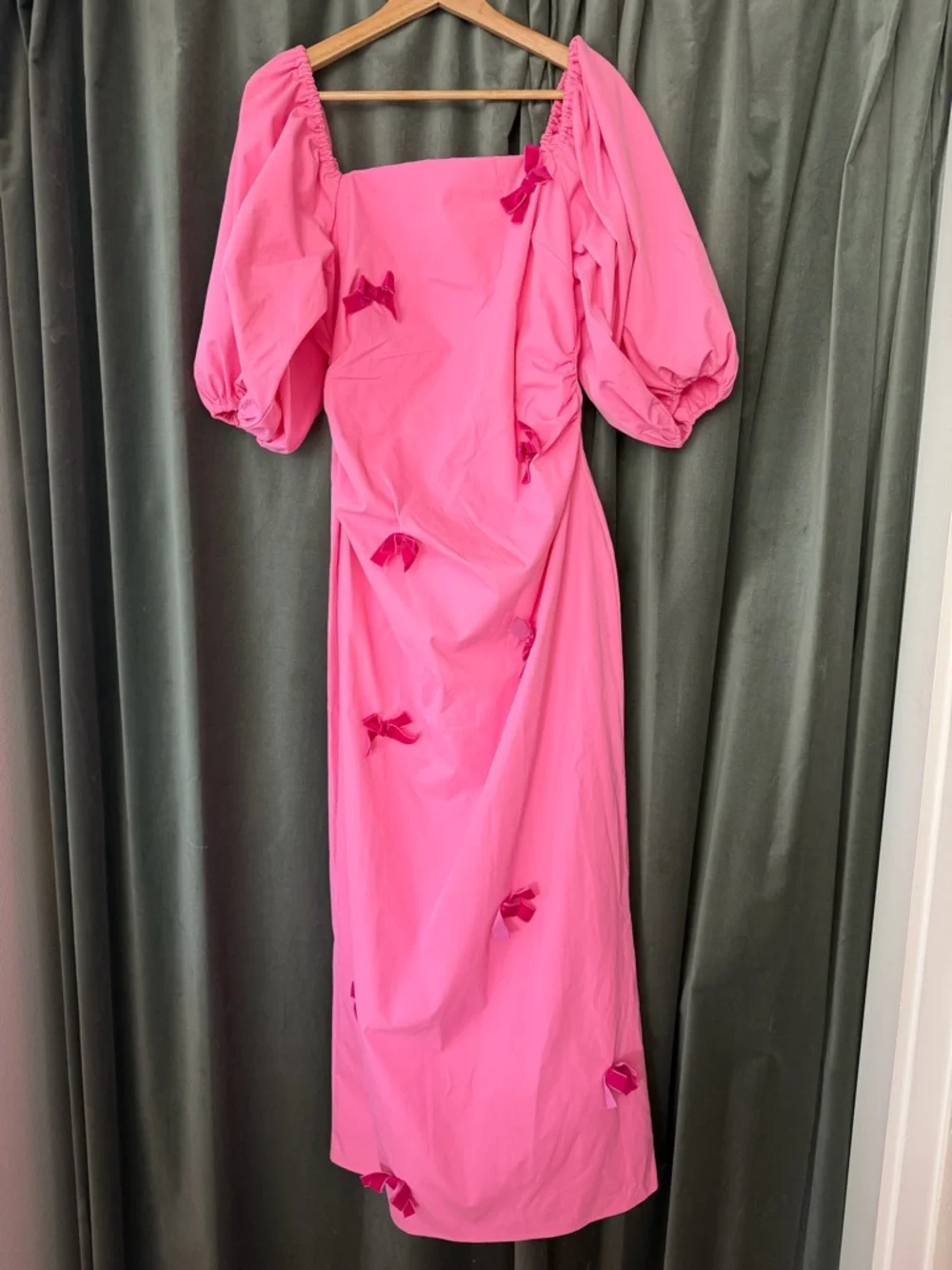 The Wolf Gang Amar Dress | Off-Shoulder Pink Puff-Sleeve Midi Dress with Bows - Picture 6 of 9